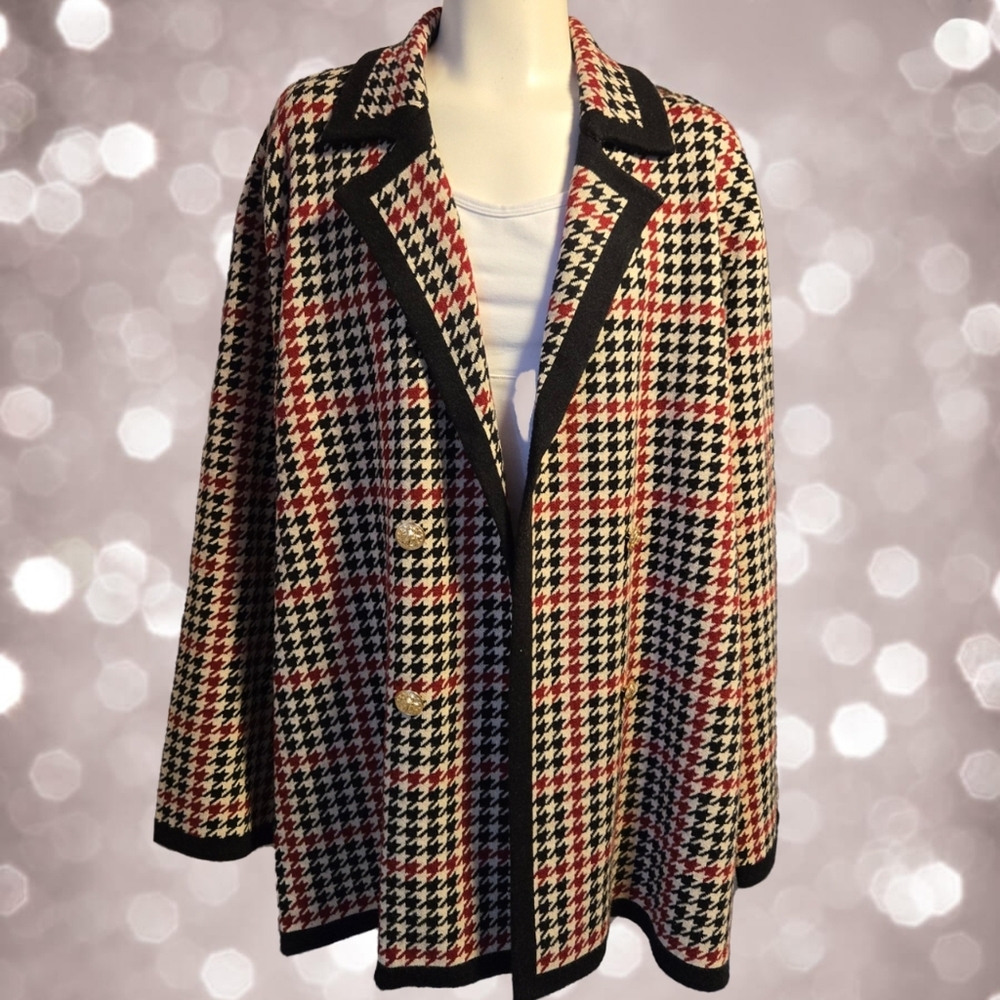 Anne Klein Houndstooth Sweater Blazer Plaid Knit Jacket Workwear Classic Size L